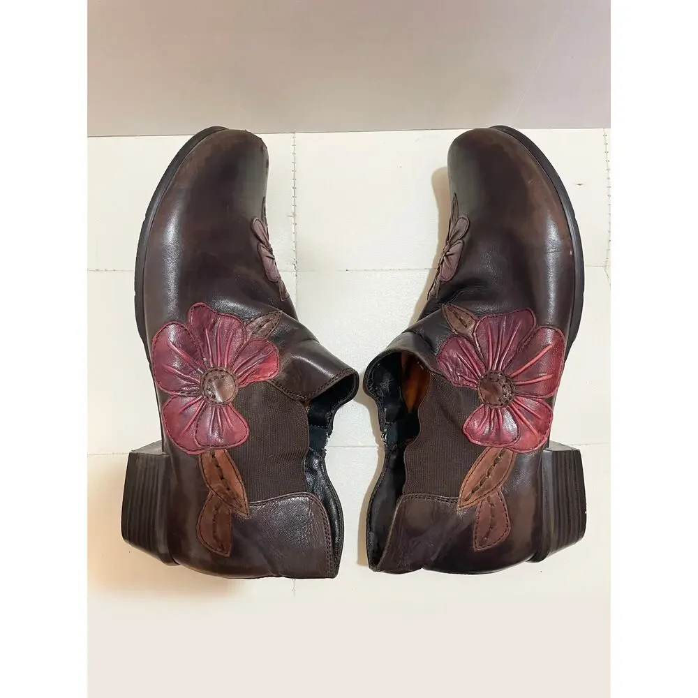 Regarde le Ciel Brown Leather Floral Applique Ankle Boots Size 40